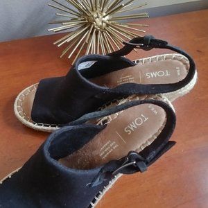 TOMS Women’s Monica Black Fabric Oxford Wedge Slingback Peep-toe Sandals USA 6.5